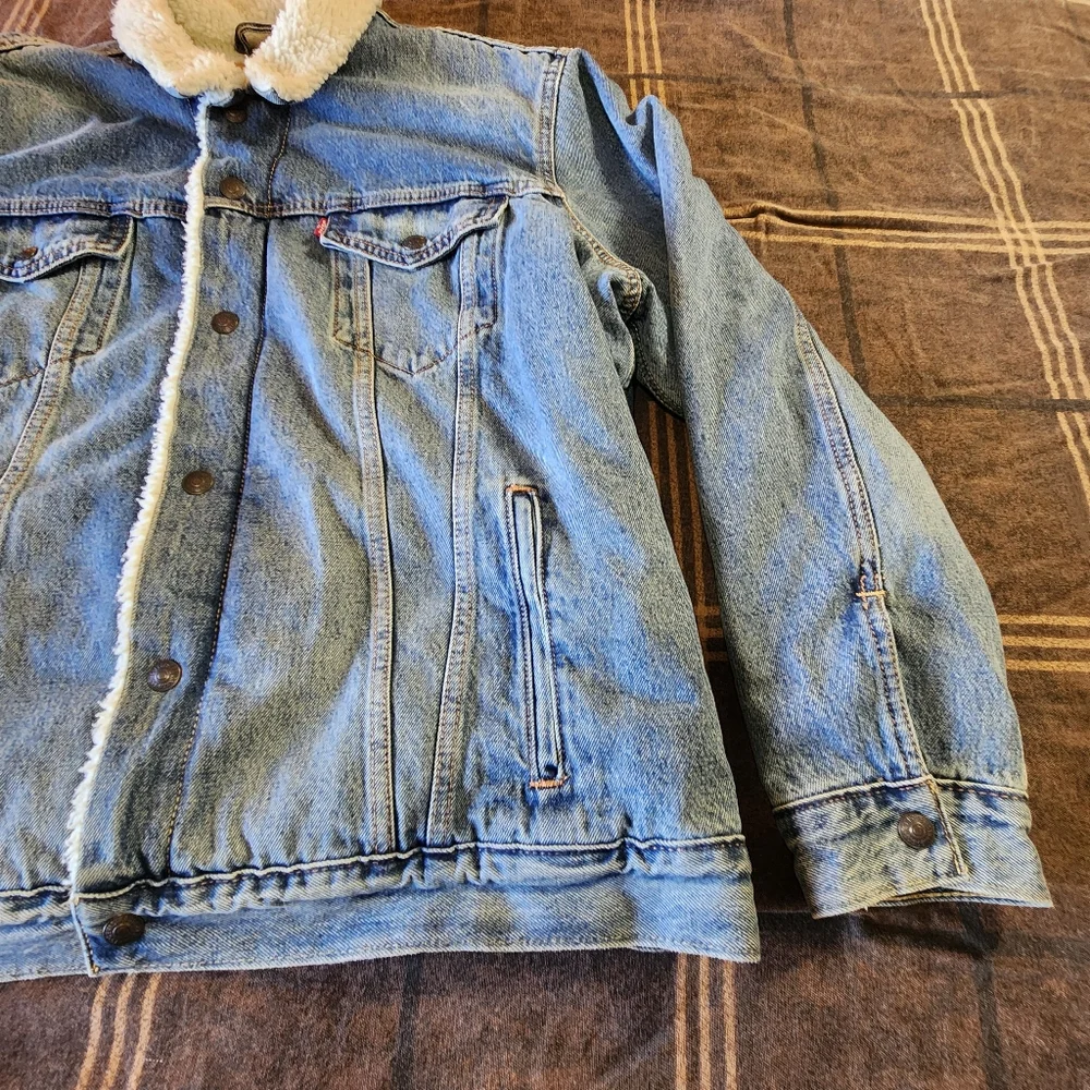 Levis Denim Jacket Adult XXL 2XL Blue Sherpa‎ Lined Trucker Red Tab Fleece Men